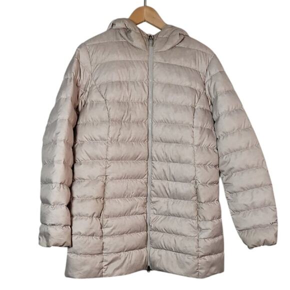Eddie Bauer Womens Size L Down Puffer Jacket CirrusLite 650 Hooded Beige Gray - Picture 1 of 14